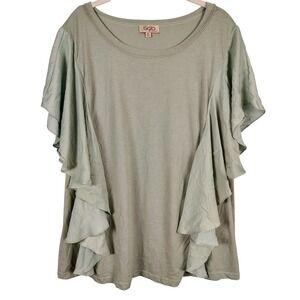 Womens 1XL Gigio Plus Ruffle Flutter Sleeve Top Sage Green Cotton Blend Boho